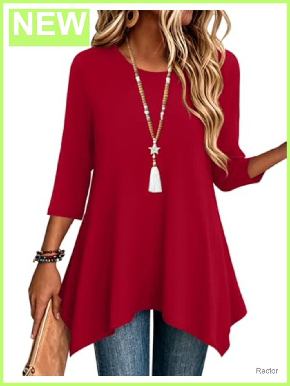 Women's Tunic Top 3/4 Sleeve Loose Fit Asymmetrical Hem Dressy Boho